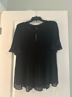 Ann Taylor Black Pleated Flutter-Sleeve Blouse
